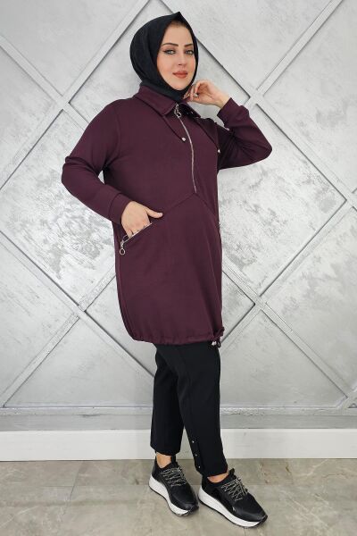 KADIN FERMUAR DETAYLI TESETTÜR TUNİK BORDO - 2 BEDEN