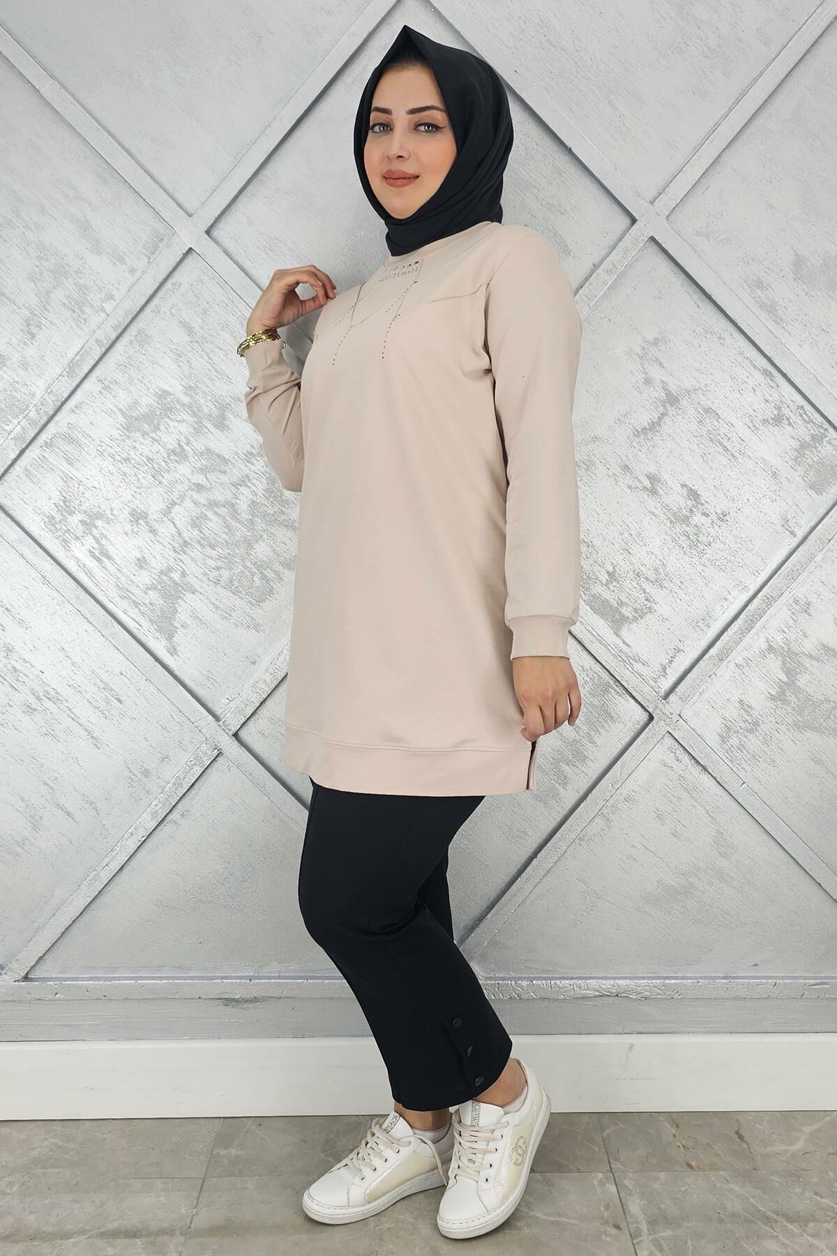 KADIN TAŞ DETAYLI TESETTÜR TUNİK BEJ - 3XL
