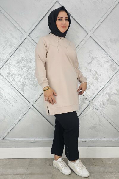 KADIN TAŞ DETAYLI TESETTÜR TUNİK BEJ - 3XL