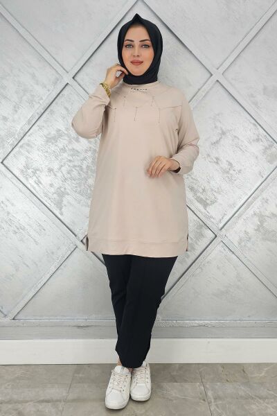 KADIN TAŞ DETAYLI TESETTÜR TUNİK BEJ - 3XL