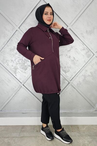 KADIN FERMUAR DETAYLI TESETTÜR TUNİK BORDO - 4 BEDEN