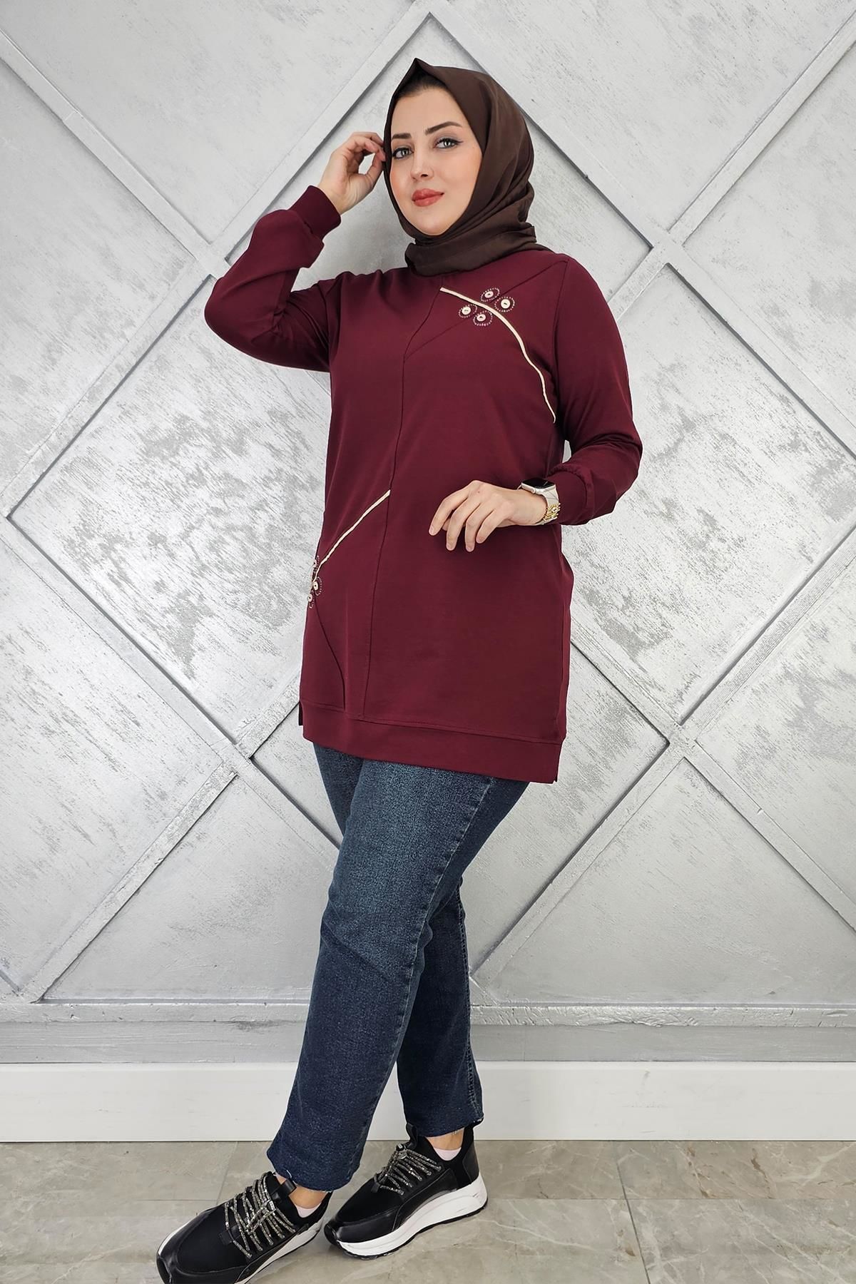 KADIN DÜĞME VE TAŞ AKSESUARLI TESETTÜR TUNİK BORDO - XL
