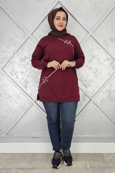 KADIN DÜĞME VE TAŞ AKSESUARLI TESETTÜR TUNİK BORDO - XL