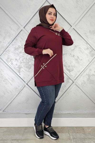 KADIN DÜĞME VE TAŞ AKSESUARLI TESETTÜR TUNİK BORDO - XL
