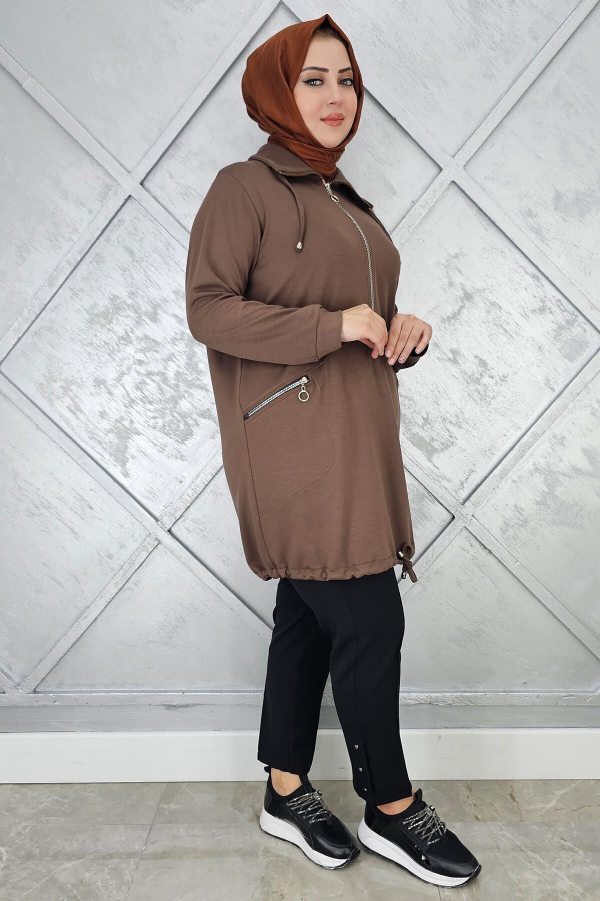 KADIN FERMUAR DETAYLI TESETTÜR TUNİK VİZON - 5 BEDEN