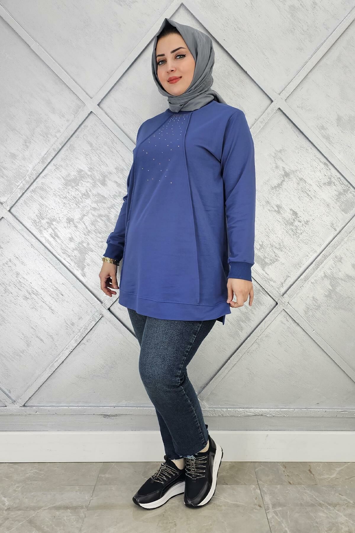 KADIN NERVÜR DİKİM TAŞ DETAYLI TESETTÜR TUNİK İNDİGO - L