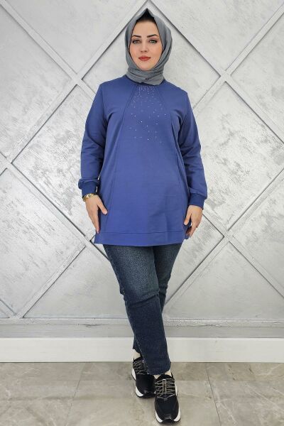 KADIN NERVÜR DİKİM TAŞ DETAYLI TESETTÜR TUNİK İNDİGO - L