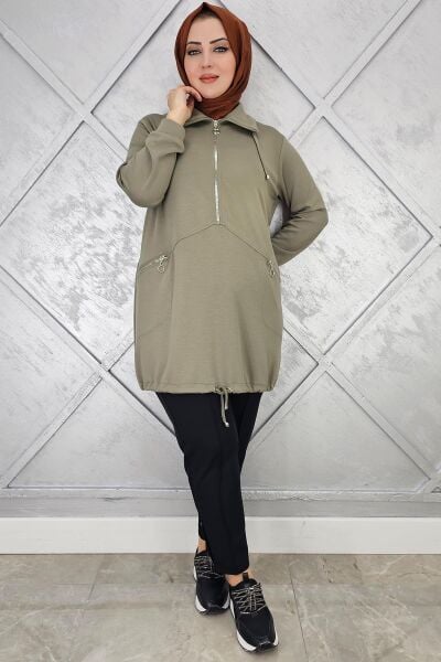 KADIN FERMUAR DETAYLI TESETTÜR TUNİK HAKİ - 5 BEDEN