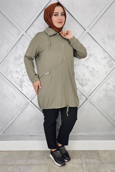 KADIN FERMUAR DETAYLI TESETTÜR TUNİK HAKİ - 5 BEDEN