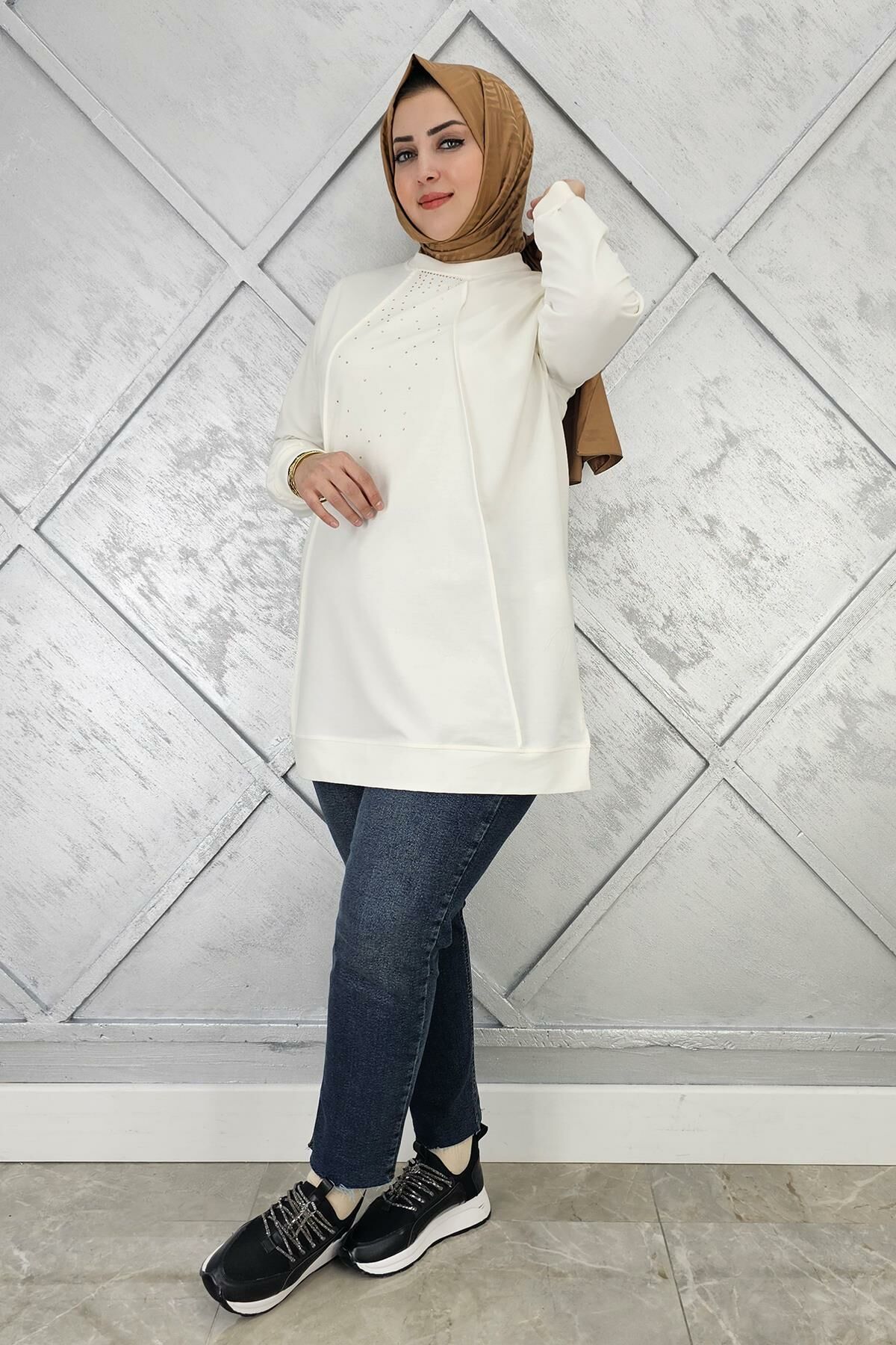 KADIN NERVÜR DİKİM TAŞ DETAYLI TESETTÜR TUNİK EKRU - 3XL