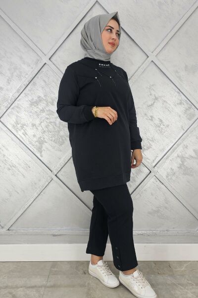 KADIN TAŞ DETAYLI TESETTÜR TUNİK SİYAH - L