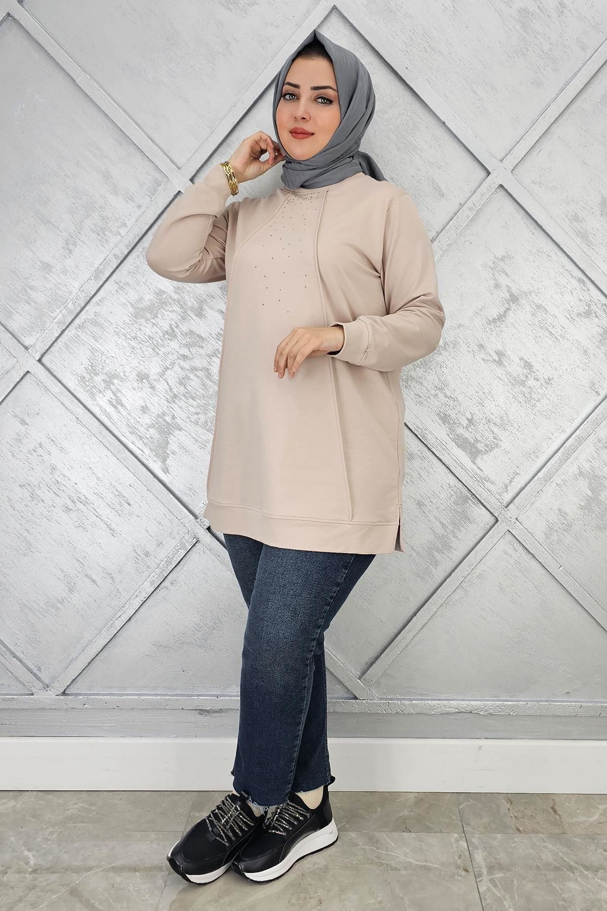 KADIN NERVÜR DİKİM TAŞ DETAYLI TESETTÜR TUNİK BEJ - XL