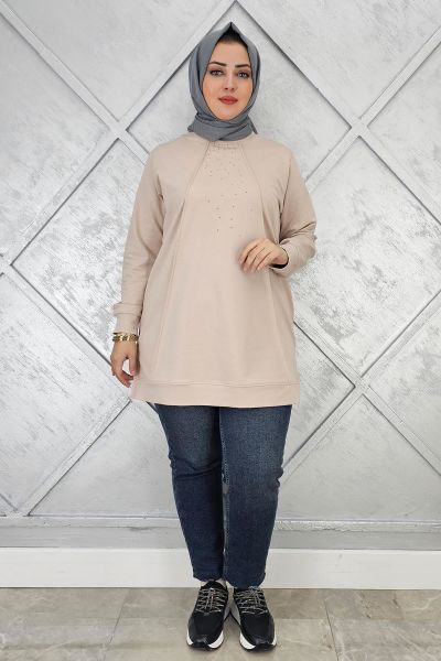 KADIN NERVÜR DİKİM TAŞ DETAYLI TESETTÜR TUNİK BEJ - XL