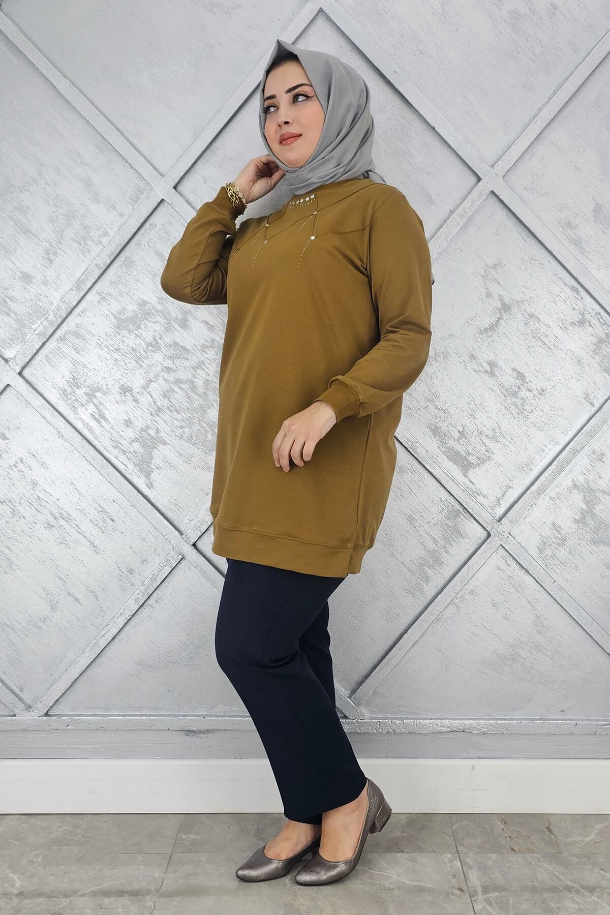 KADIN TAŞ DETAYLI TESETTÜR TUNİK YAĞ YEŞİLİ - 3XL