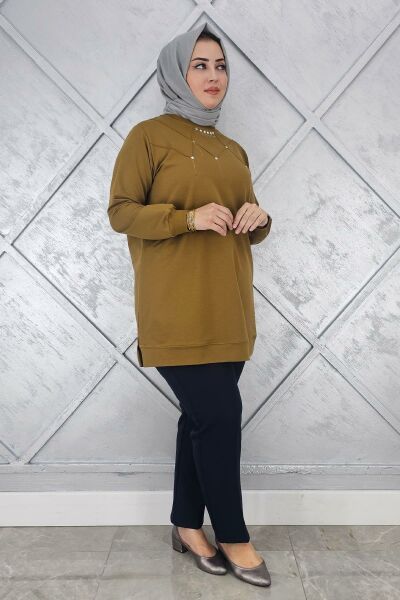 KADIN TAŞ DETAYLI TESETTÜR TUNİK YAĞ YEŞİLİ - 3XL