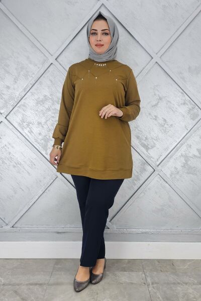 KADIN TAŞ DETAYLI TESETTÜR TUNİK YAĞ YEŞİLİ - 3XL