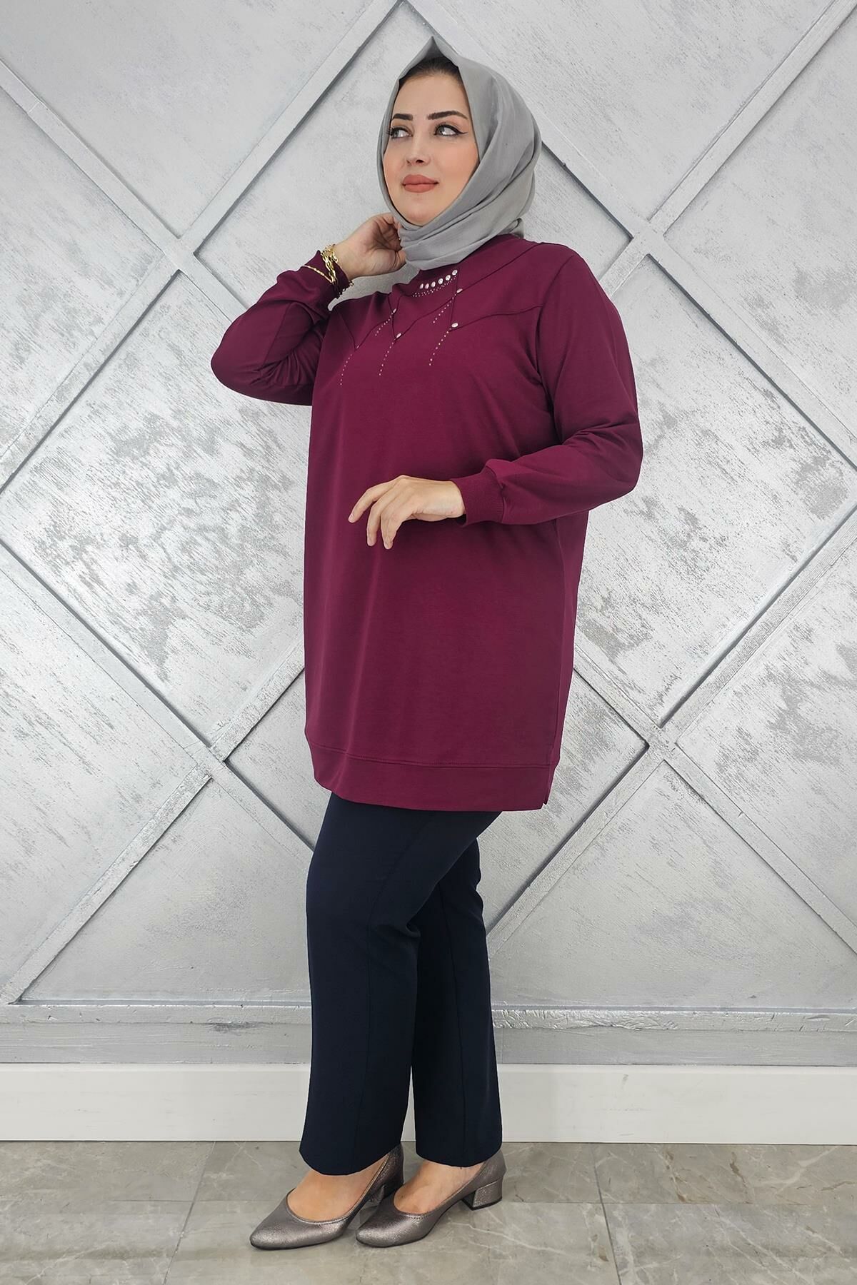KADIN TAŞ DETAYLI TESETTÜR TUNİK BORDO - L