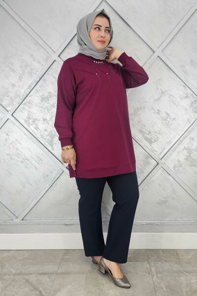 KADIN TAŞ DETAYLI TESETTÜR TUNİK BORDO - L