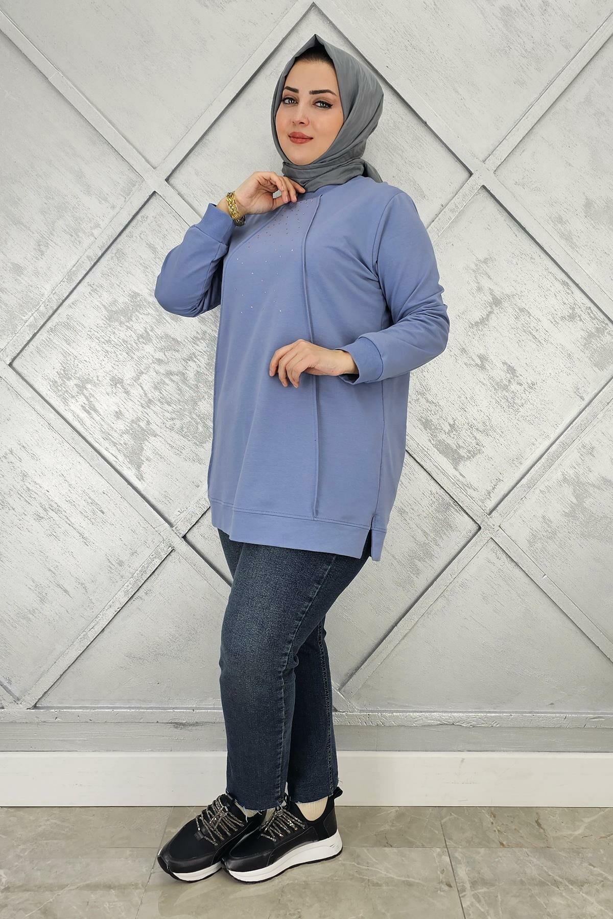 KADIN NERVÜR DİKİM TAŞ DETAYLI TESETTÜR TUNİK MAVİ - XL