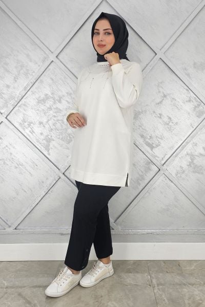KADIN TAŞ DETAYLI TESETTÜR TUNİK EKRU - XL