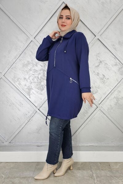 KADIN FERMUAR DETAYLI TESETTÜR TUNİK İNDİGO - 3 BEDEN