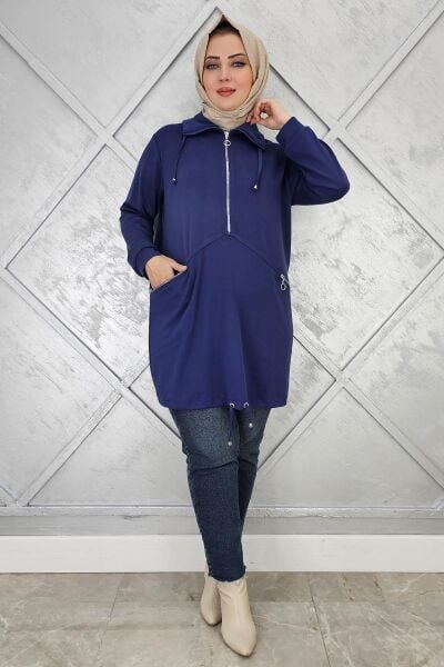 KADIN FERMUAR DETAYLI TESETTÜR TUNİK İNDİGO - 3 BEDEN