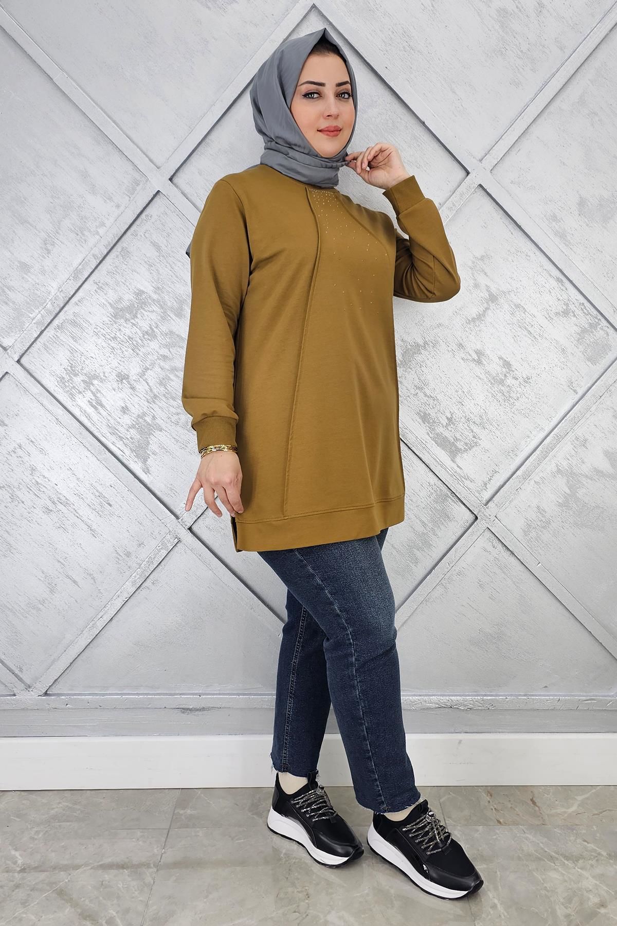 KADIN NERVÜR DİKİM TAŞ DETAYLI TESETTÜR TUNİK YAĞ YEŞİLİ - 2XL