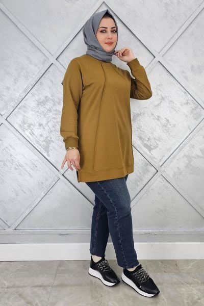 KADIN NERVÜR DİKİM TAŞ DETAYLI TESETTÜR TUNİK YAĞ YEŞİLİ - 2XL