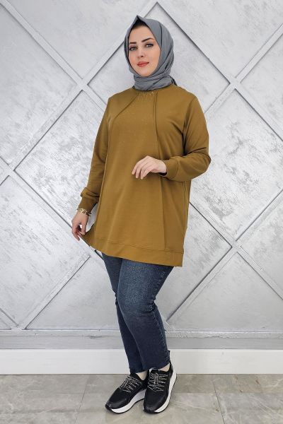 KADIN NERVÜR DİKİM TAŞ DETAYLI TESETTÜR TUNİK YAĞ YEŞİLİ - 2XL