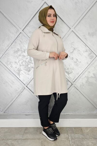 KADIN FERMUAR DETAYLI TESETTÜR TUNİK BEJ - 5 BEDEN