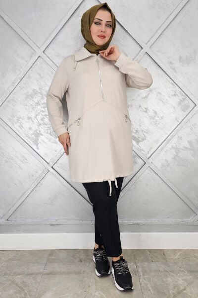 KADIN FERMUAR DETAYLI TESETTÜR TUNİK BEJ - 5 BEDEN