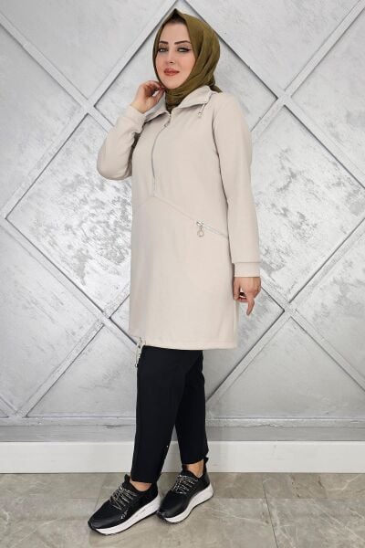 KADIN FERMUAR DETAYLI TESETTÜR TUNİK BEJ - 5 BEDEN