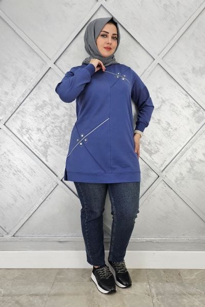 KADIN DÜĞME VE TAŞ AKSESUARLI TESETTÜR TUNİK İNDİGO - 2XL