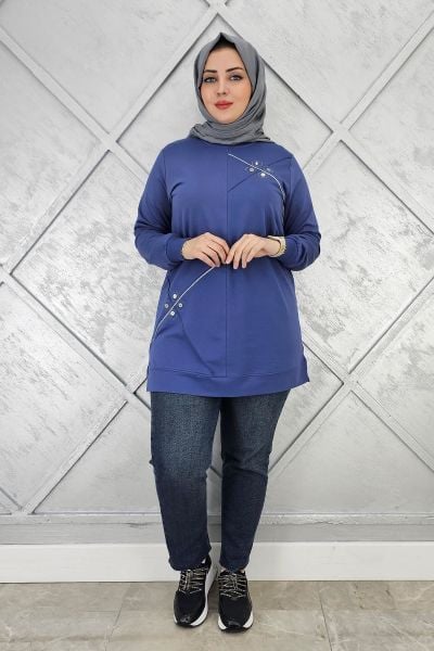 KADIN DÜĞME VE TAŞ AKSESUARLI TESETTÜR TUNİK İNDİGO - 2XL