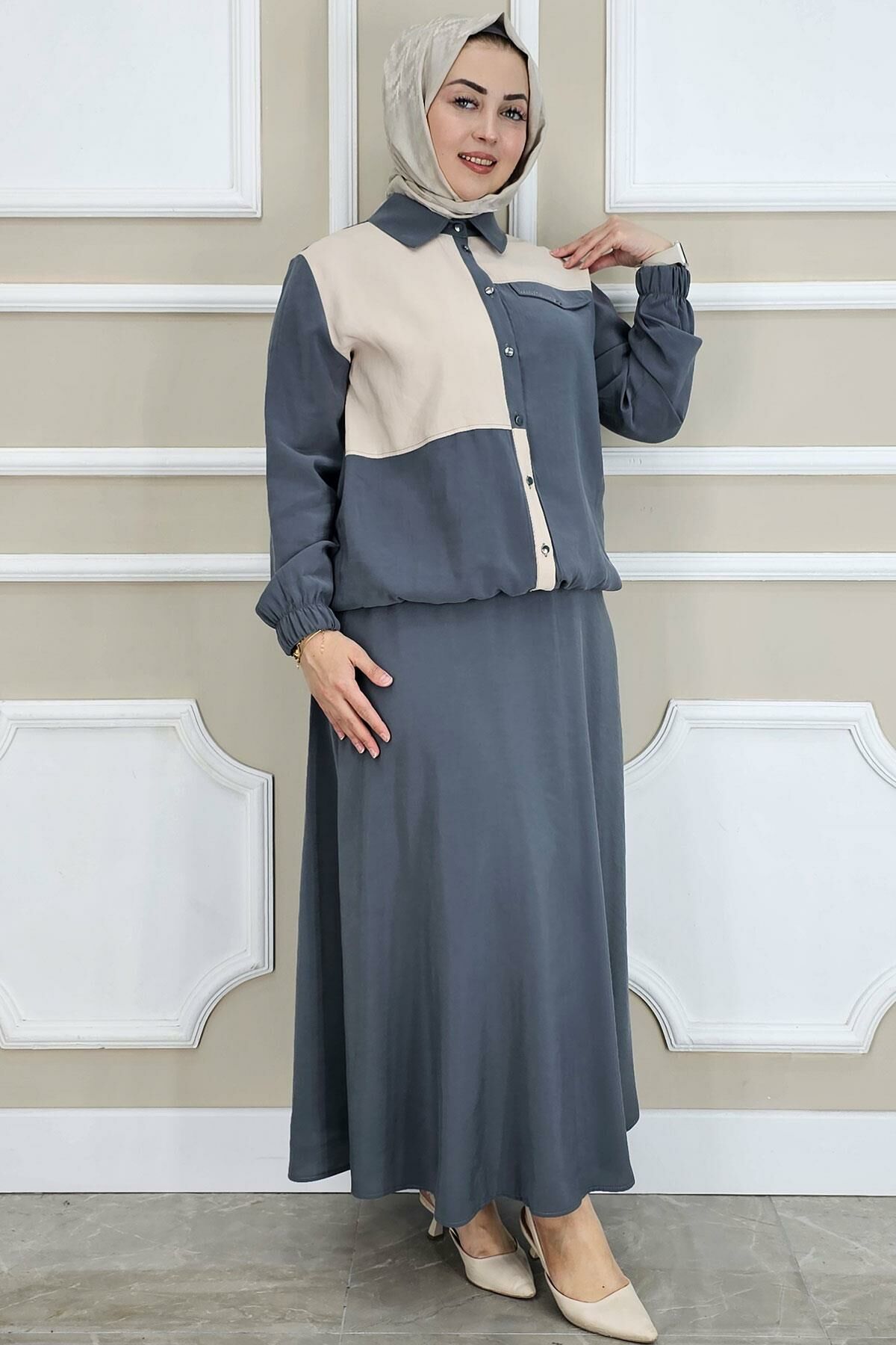 PYS KADIN KOMBİNLİ TESETTÜR TAKIM ANTRSİT - 3 BEDEN