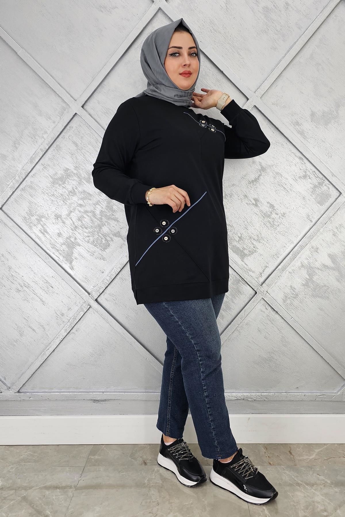 KADIN DÜĞME VE TAŞ AKSESUARLI TESETTÜR TUNİK SİYAH - 2XL
