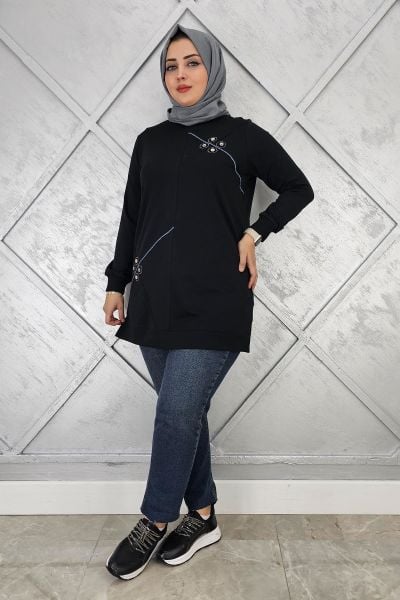 KADIN DÜĞME VE TAŞ AKSESUARLI TESETTÜR TUNİK SİYAH - 2XL