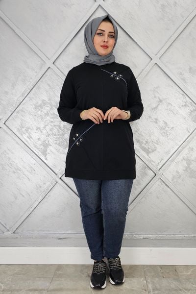 KADIN DÜĞME VE TAŞ AKSESUARLI TESETTÜR TUNİK SİYAH - 2XL