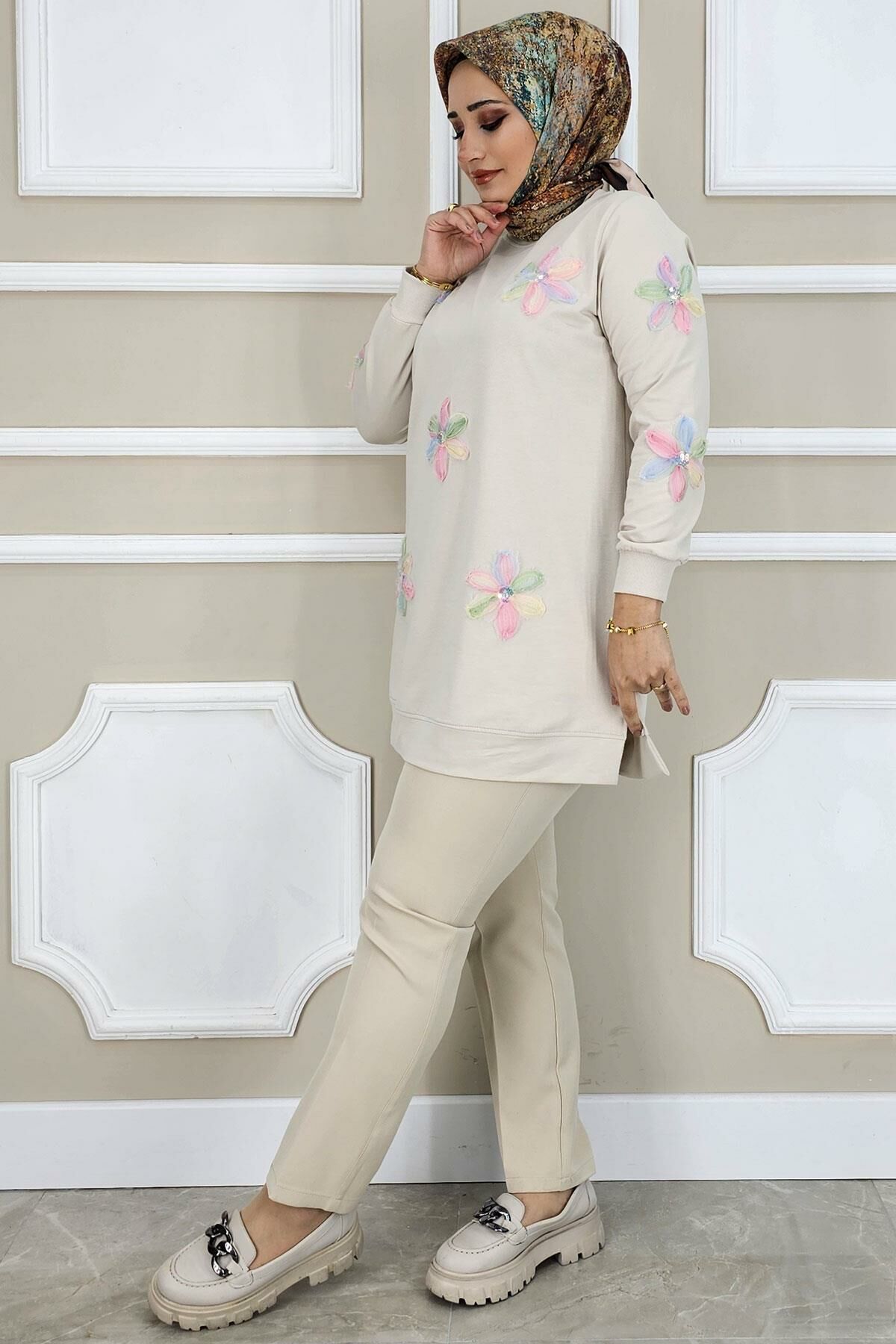 PYS KADIN DİKME ÇİÇEK AKSESUARLI TESETTÜR TUNİK TAŞ PUDRA - 3 BEDEN