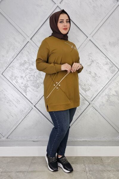 KADIN DÜĞME VE TAŞ AKSESUARLI TESETTÜR TUNİK YAĞ YEŞİLİ - XL