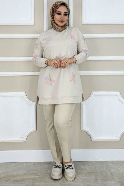 PYS KADIN DİKME ÇİÇEK AKSESUARLI TESETTÜR TUNİK TAŞ PUDRA - 4 BEDEN