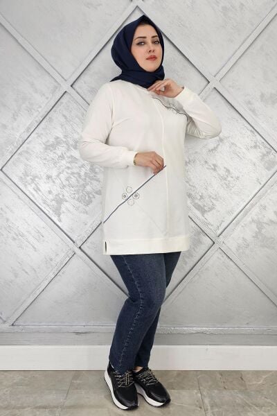 KADIN DÜĞME VE TAŞ AKSESUARLI TESETTÜR TUNİK EKRU - 3XL