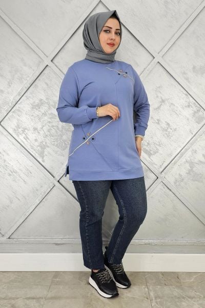KADIN DÜĞME VE TAŞ AKSESUARLI TESETTÜR TUNİK MAVİ - XL