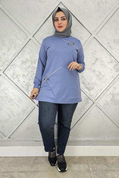 KADIN DÜĞME VE TAŞ AKSESUARLI TESETTÜR TUNİK MAVİ - XL