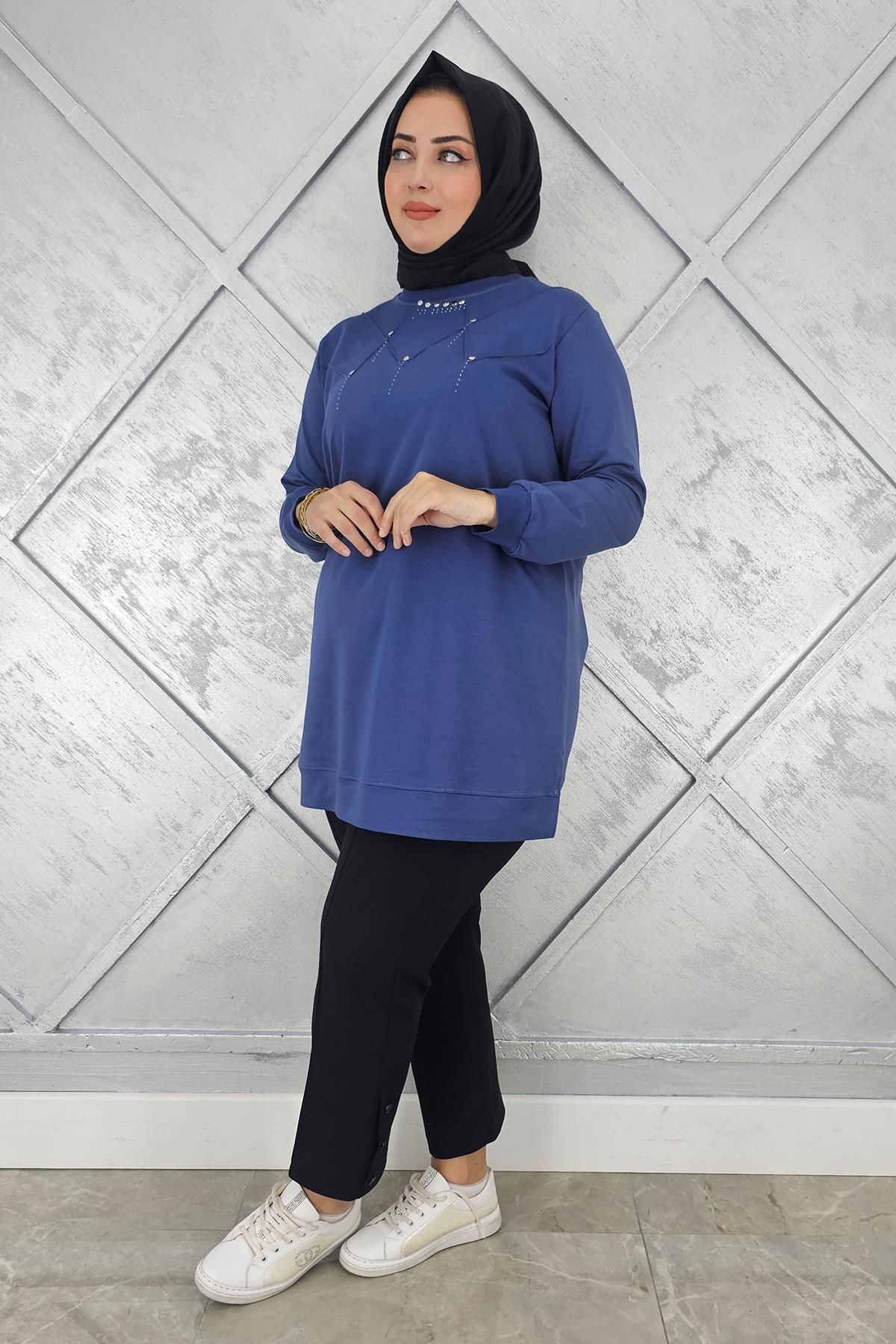 KADIN TAŞ DETAYLI TESETTÜR TUNİK İNDİGO - L