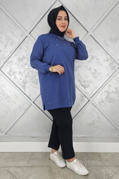 KADIN TAŞ DETAYLI TESETTÜR TUNİK İNDİGO - L