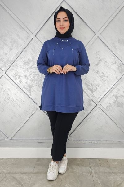 KADIN TAŞ DETAYLI TESETTÜR TUNİK İNDİGO - L