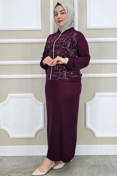 PYS KADIN DESENLİ TESETTÜR TAKIM BORDO - 3 BEDEN