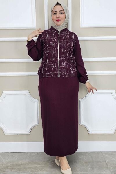 PYS KADIN DESENLİ TESETTÜR TAKIM BORDO - 3 BEDEN