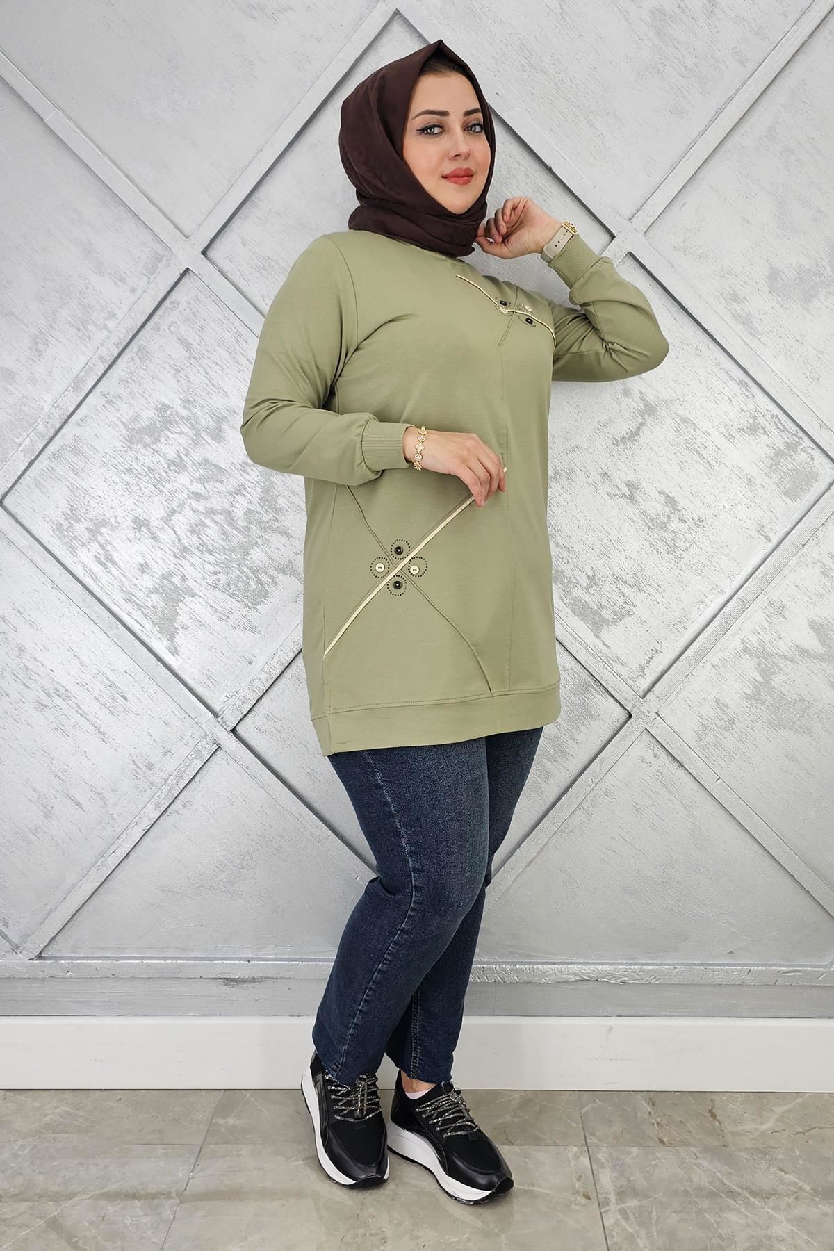 KADIN DÜĞME VE TAŞ AKSESUARLI TESETTÜR TUNİK MİNT YEŞİLİ - 3XL
